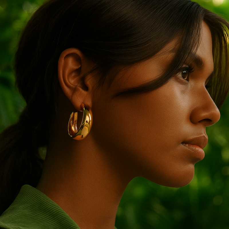 Hoops – Gouden oorbellen gedragen op model – Meena Rotterdam